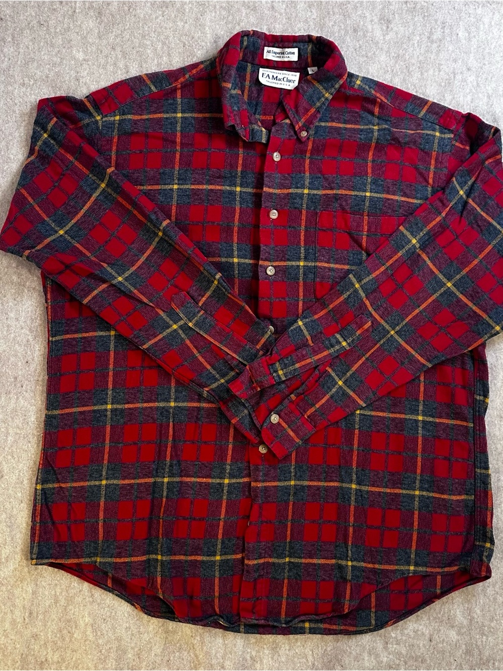 Vtg FA MacCluer Flannel Shirt Mens Large L Red Plaid Tailored in USA Cotton